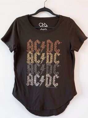 Chaser Brown AC/DC Leopard Graphic Tee Med Rocker Chic